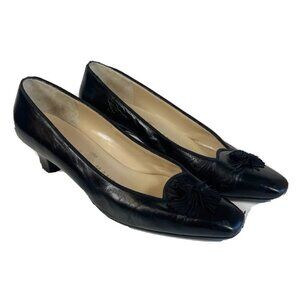 Rene Mancini Vintage Leather Square Toe Pump Black 37.5 Kitten Heel Fringe Italy